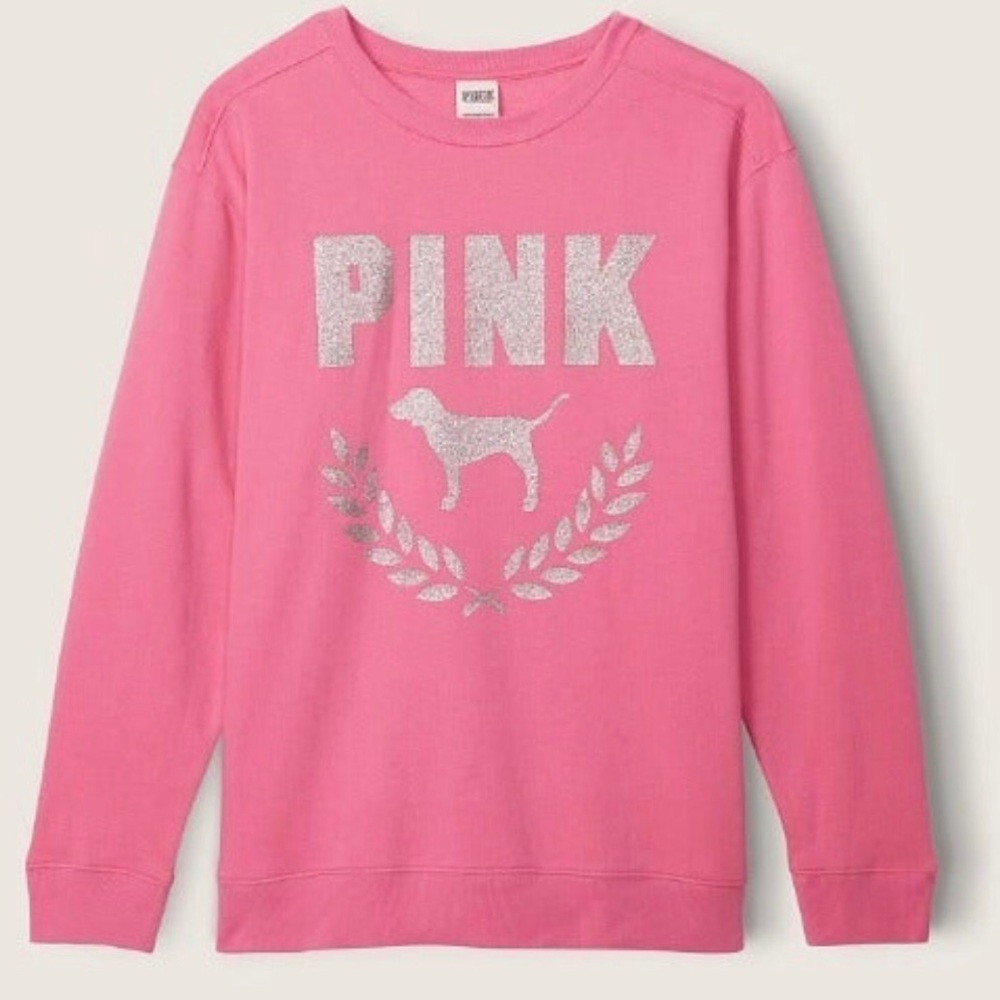 Vs Pink Everyday lounge campus crewneck sweatshirt pink with silver glitter pup